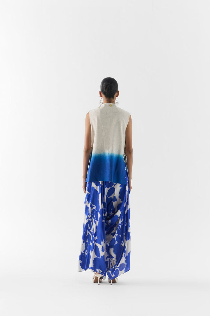 Blue ink print fabric detail on Studiorigu vest and dhoti pants set