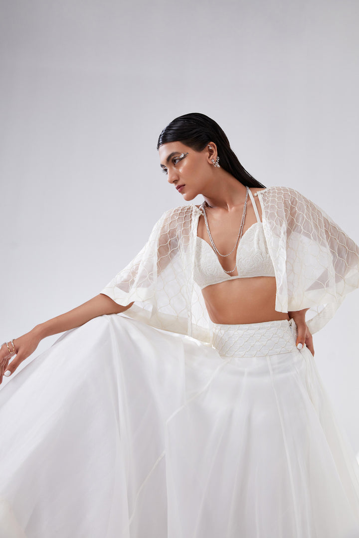 Lotus ~ Organza Lehenga with Bralette and Short Cape