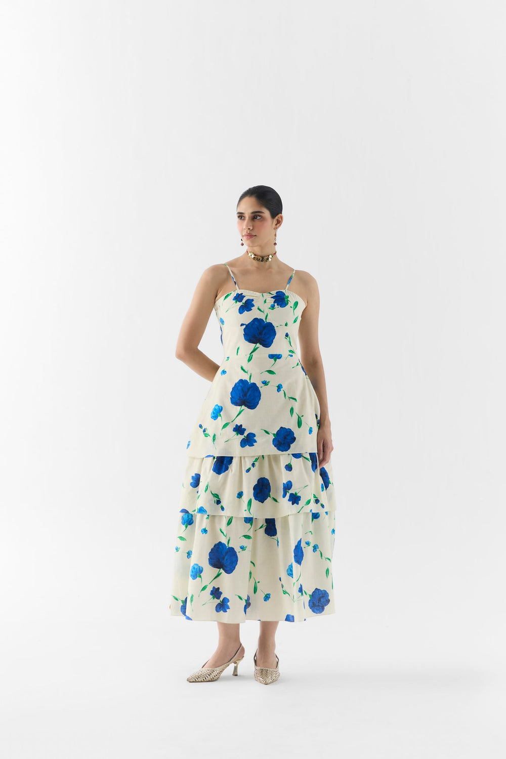 Moss Rose Bustier Dress front view on model in moss floral print
