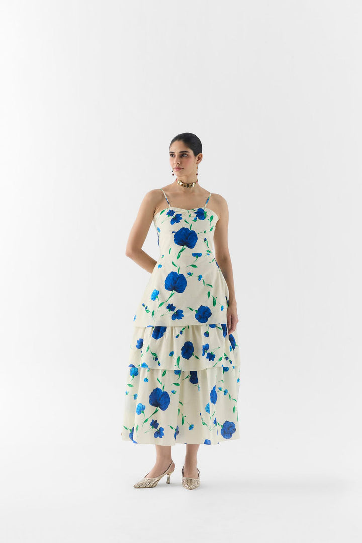 Moss Rose Bustier Dress front view on model in moss floral print
