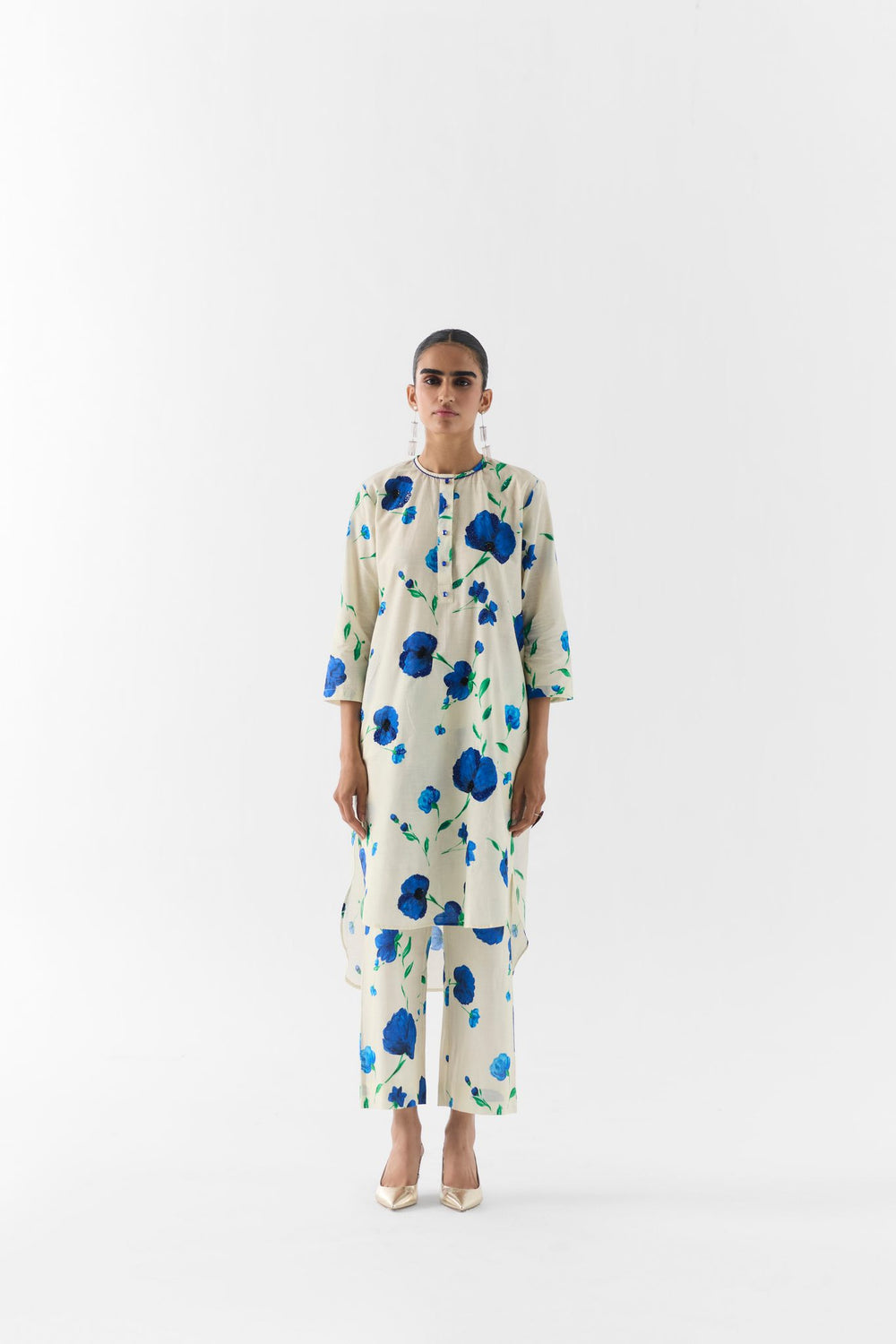 Moss Rose Kurta & Pants front view on model in olive floral print