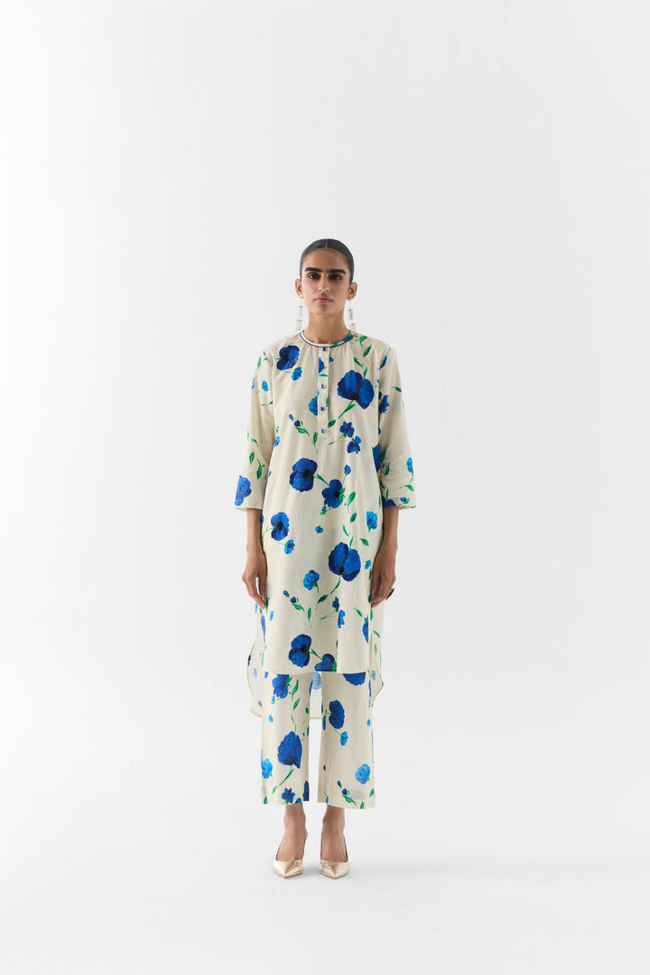 Moss Rose Kurta & Pants front view on model in olive floral print