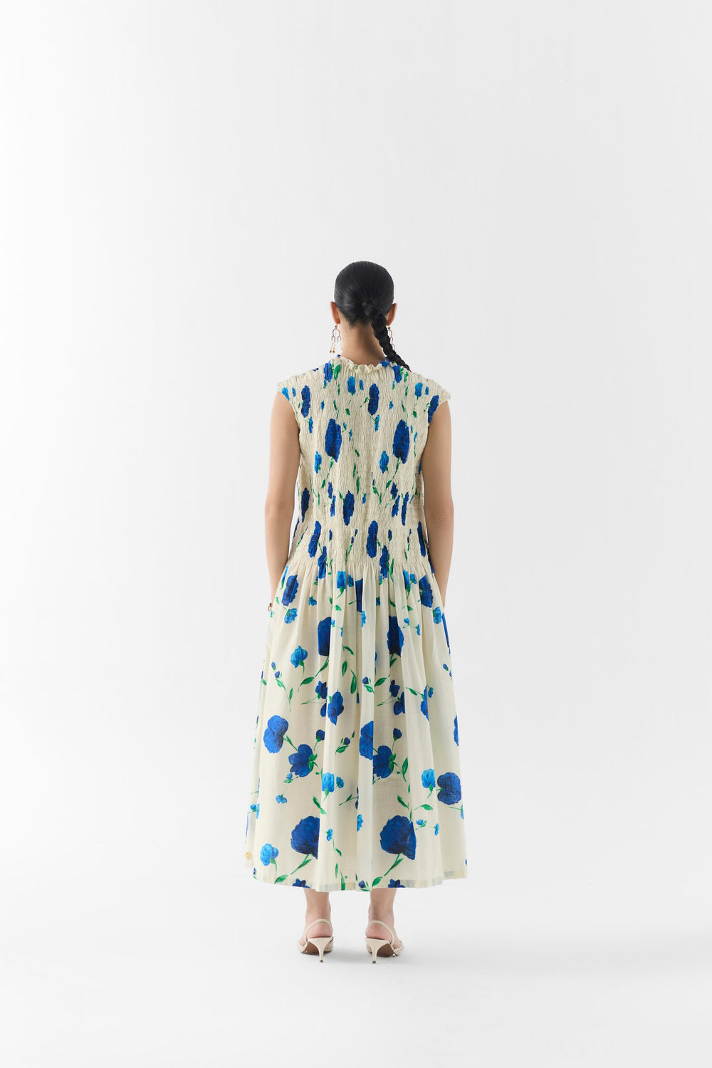 Moss Rose ruching dress styled full length, contemporary Indian womenswear