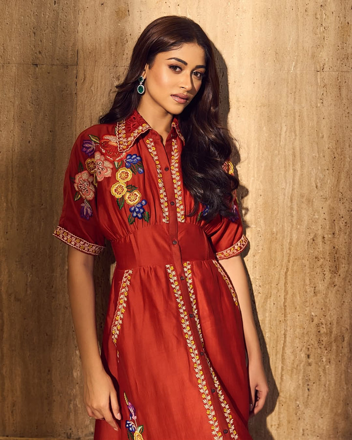 Nandini Guptaa In Our Red Embroidered Corseted Shirt Dress