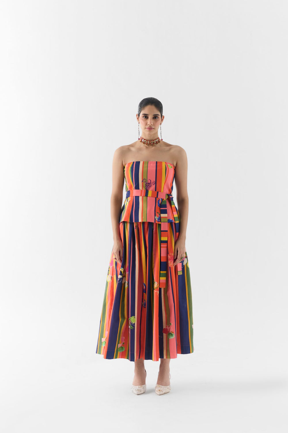 Pink Barcode Off Shoulder Top & Skirt front view on model, Studiorigu co-ord set