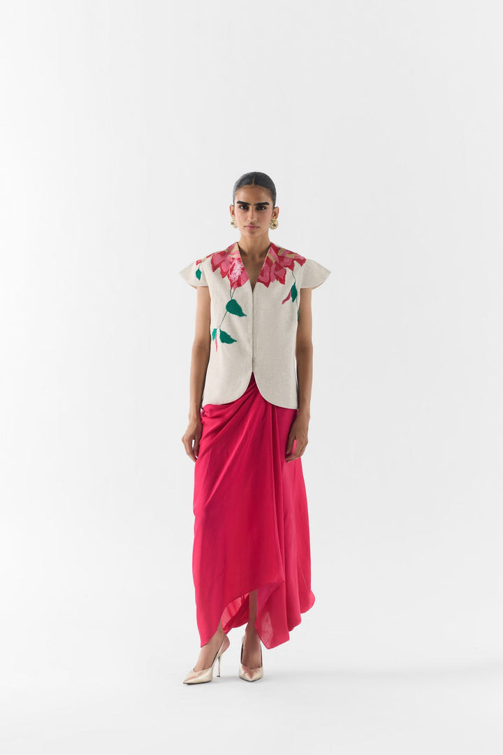 Pink Rose vest and dhoti pants front view on model, Studiorigu floral co-ord