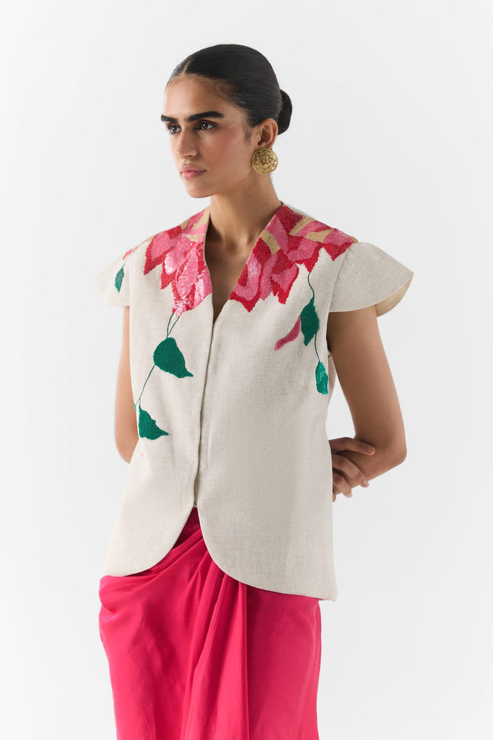 Side view of Pink Rose dhoti pants showing drape and vest silhouette