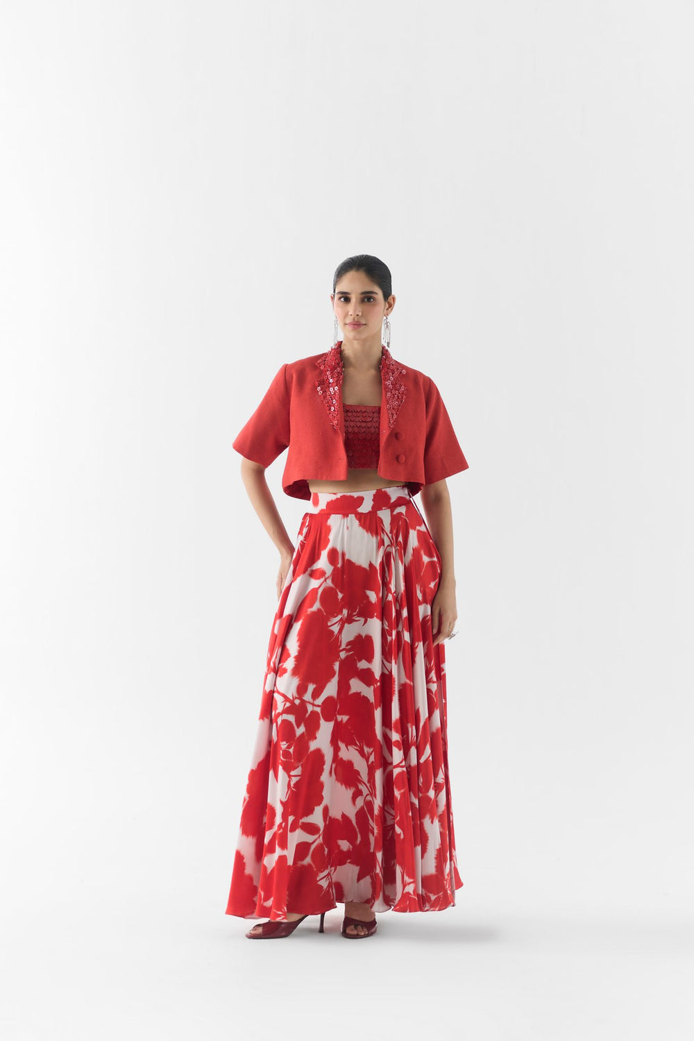 Red Ink blazer front view on model, Studiorigu tailored printed jacket