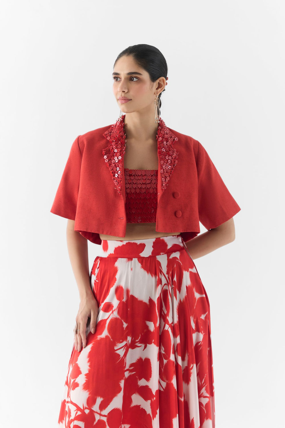 Side view of Red Ink blazer showing lapel structure and sleeve fit