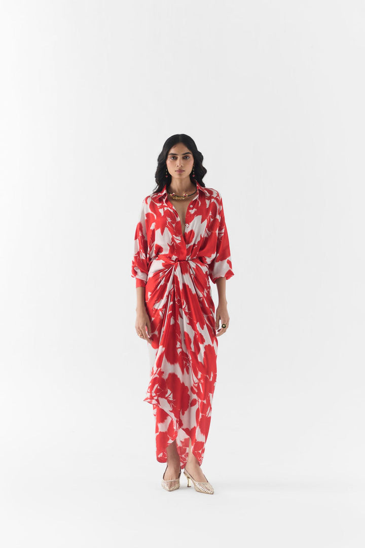 Side view of the Red Ink Draped Shirt Dress showing the asymmetric drape