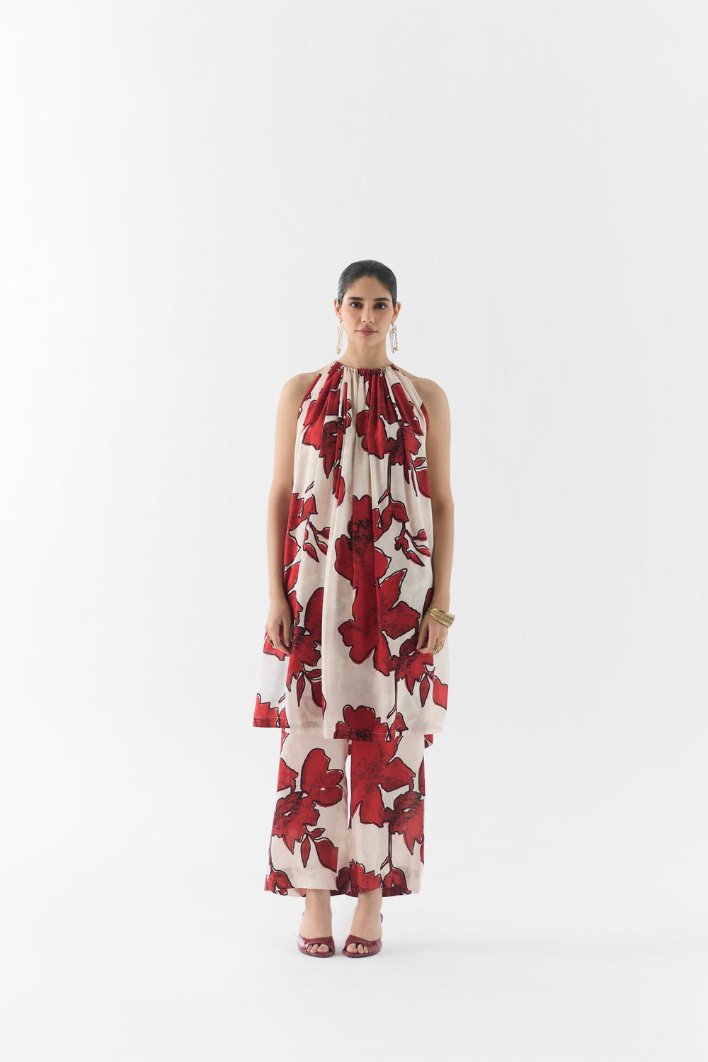 Rosalie halter kurta and pants in silk dupion with rose print over jacquard, front view