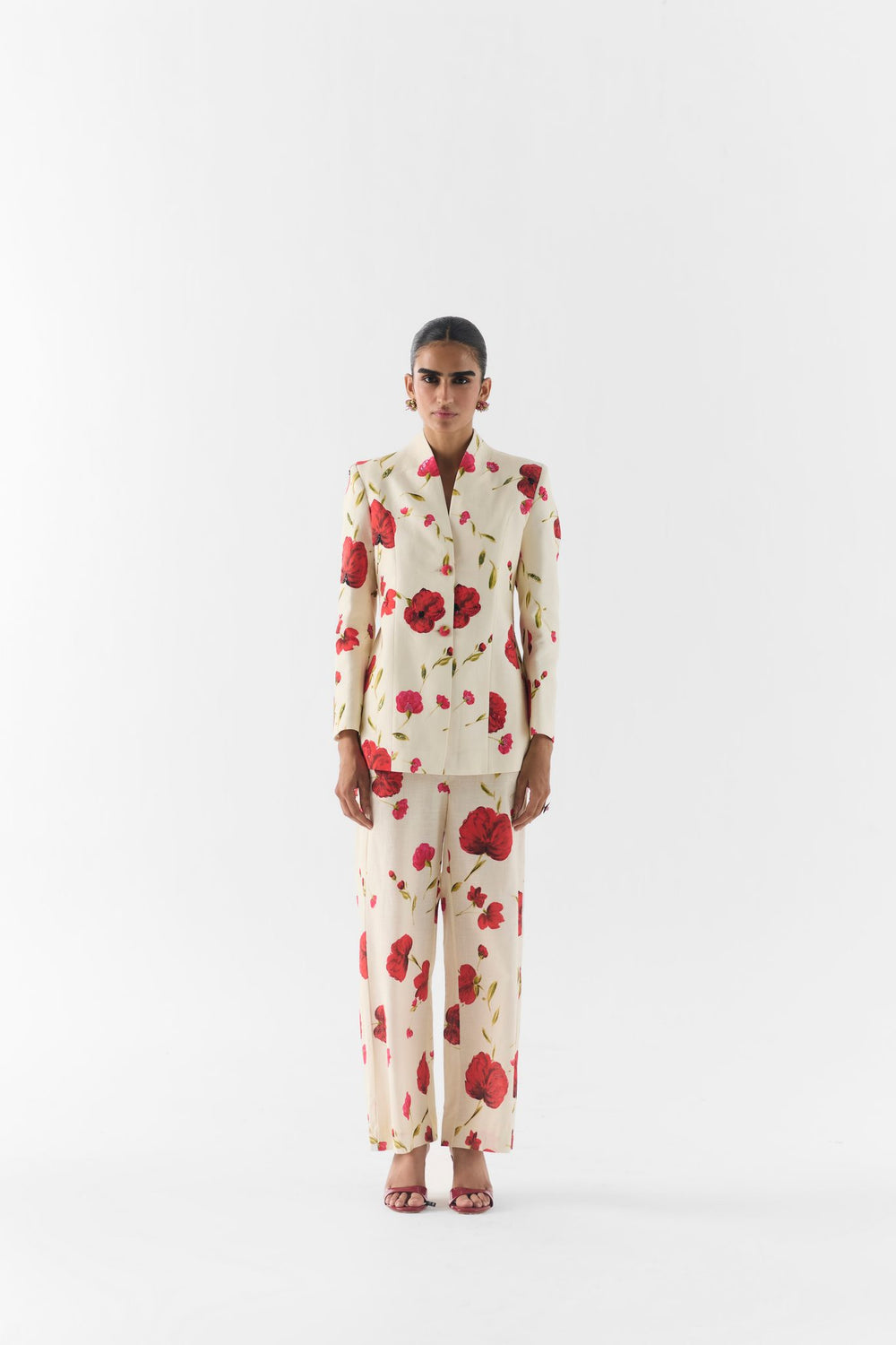 Sisley Rose Blazer & Pants front view on model in rose print