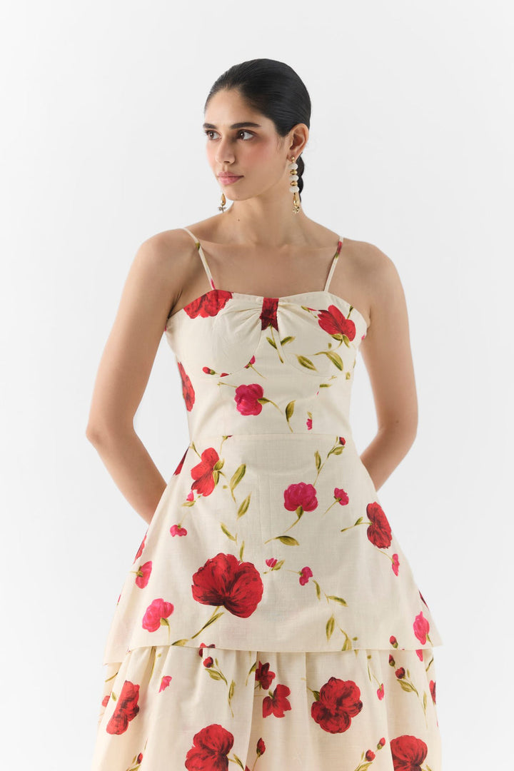 Side view of the Sisley Rose bustier dress showing structured bodice