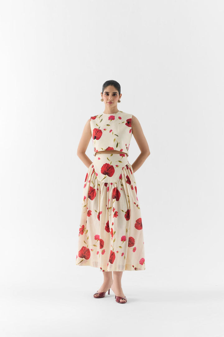 Rose print and fabric detail of the Sisley Rose Crop Top & Skirt co-ord