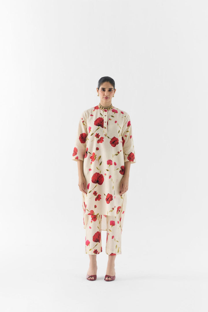 Side view of Sisley Rose Kurta & Pants showing relaxed silhouette and straight-fit trousers